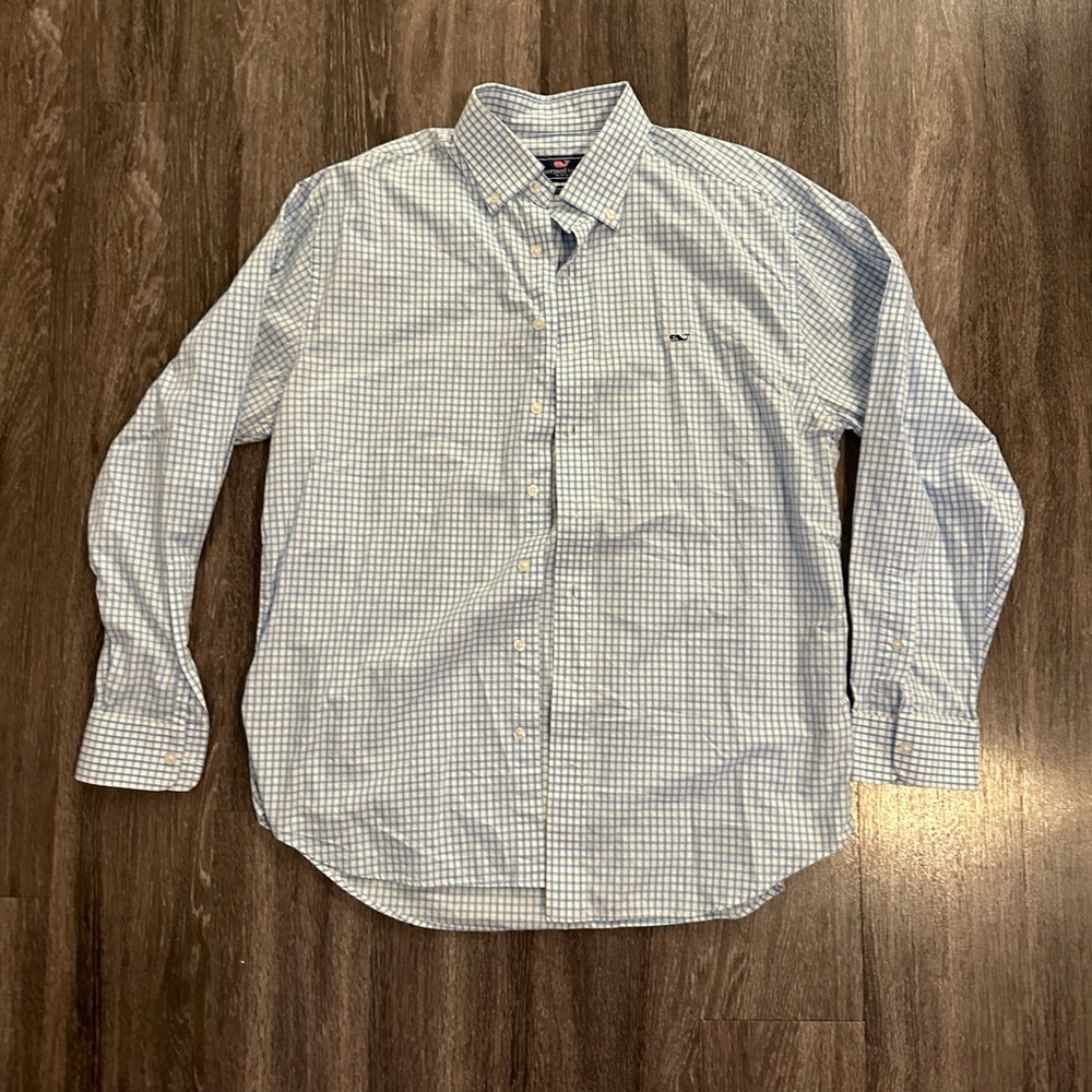 Men’s Vineyard Vines Whale Dress Shirt Large L Blue White Check Plaid Button Up